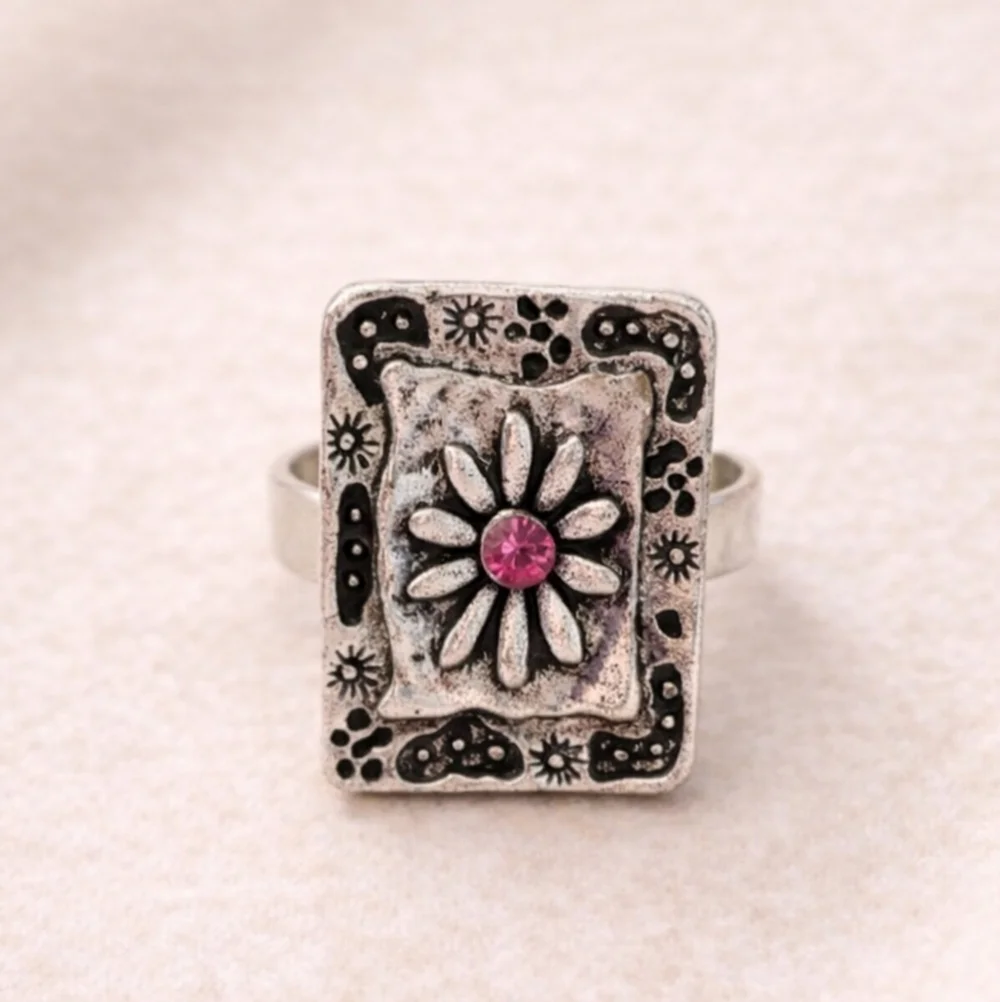 Vintage Daisy Pink Rhinestone Adjustable Ring Silver Tone Floral Statement
